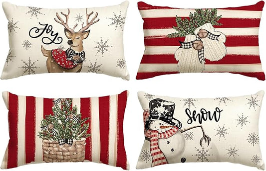 AVOIN colorlife Christmas Snowman Reindeer Gloves Eucalyptus Red Throw Pillow Covers, 12 x 20 Inch Winter Holiday Stripes Cushion Case Decoration for Sofa Couch Set of 4
