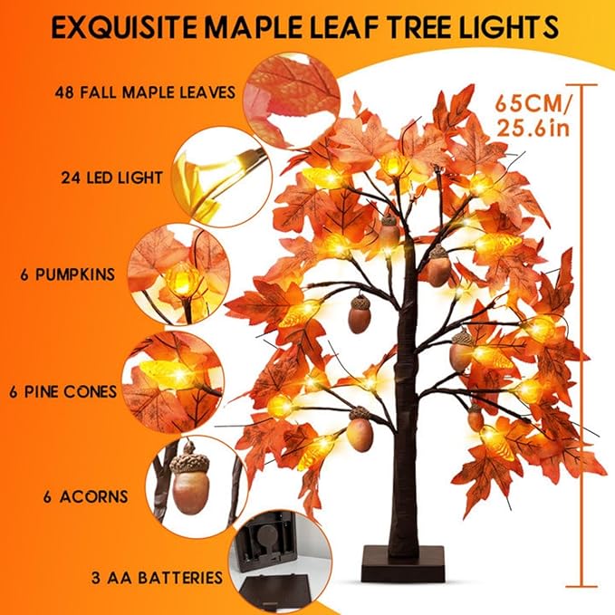 Fall Tree with Lights Thanksgiving Decorations: 2 Pack 2 FT Artificial Trees with 96 Maple Leaves 48 LED Light and Pumpkin Acorns Pinecone Battery Operated Outdoor Indoor Home Table Room Autumn Decor