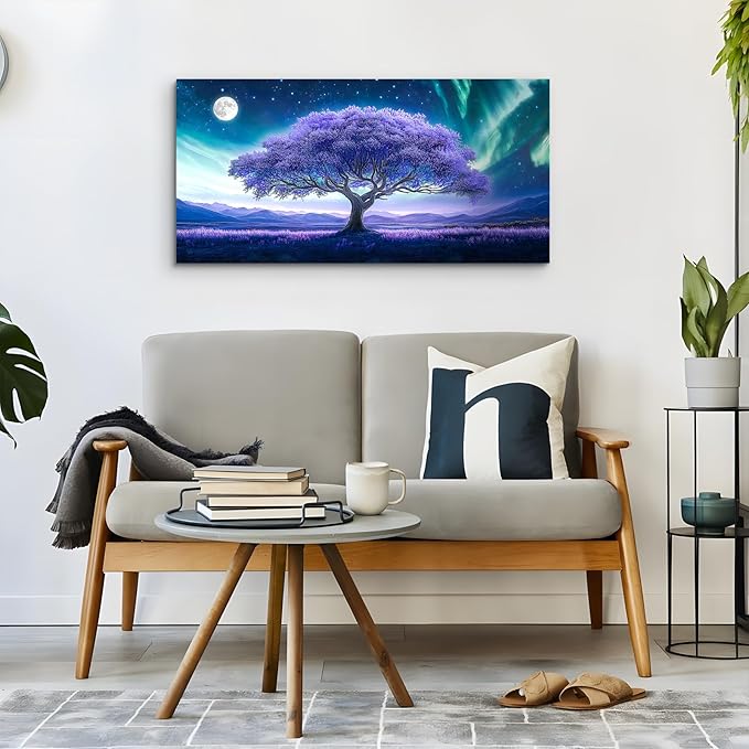 crmotu Tree of Life Large Wall Art, Space Fantasy Landscape Canvas Painting, Purple Tree Abstract Art Prints, Modern Aurora Scenery Pictures Wall Decor Living Room Bedroom Bathroom Office 20X40in