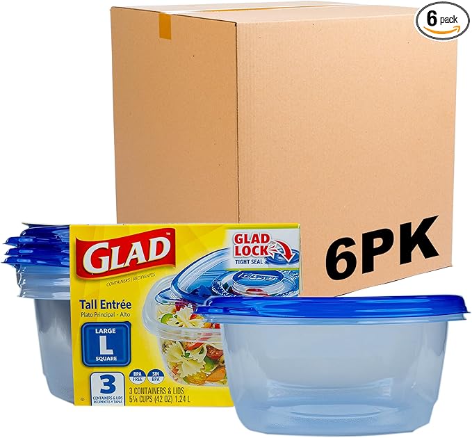 Glad GladWare Tall Entree Food Storage Containers - Large Square - Meal Container Holds up to 42 Ounces of Food - Lock Tight Seal, 3 Count - 6 Pack