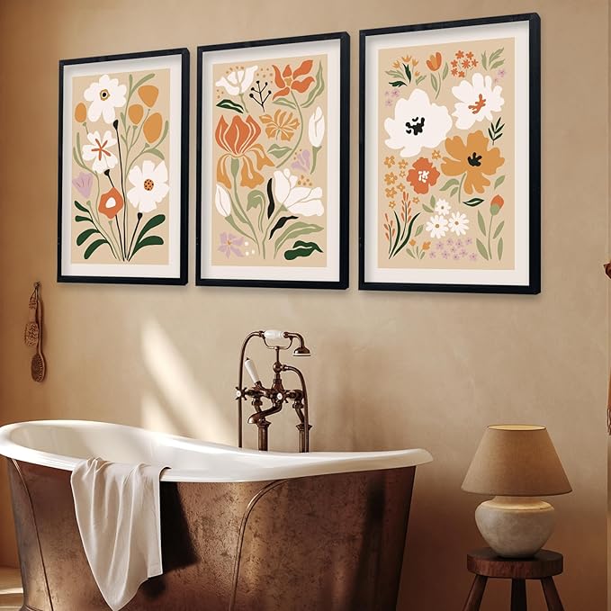 Boho Flowers Wall Art Sign Set of 3 16"x11" Mid Century Modern Minimalist Wooden Framed Abstract Flower for Vintage Living Room Bedroom Wall Hanging Decor (Black)