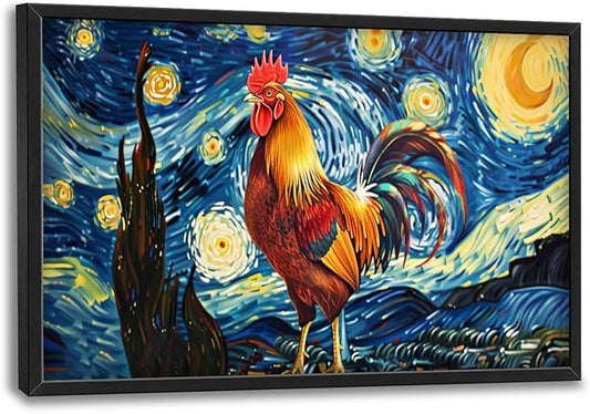 Flintis Large Rooster Wall Art Starry Sky Night Chicken Pictures Wall Decor Abstract Animal Canvas Painting Print Artwork Decoration Framed for Living Room Bathroom Master Bedroom Office 36L x 24W