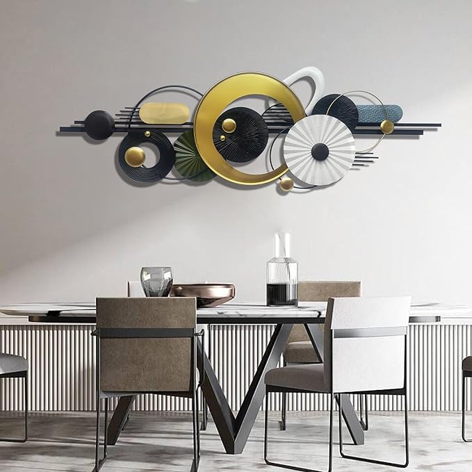 Modern Abstract Metal Wall Art,Large 59×20 Inches Wall Decor, Geometric Circles Design Wall Sculptures, Gold Black White, Wall Decoration for Living Room Bathroom Bedroom Dining Room