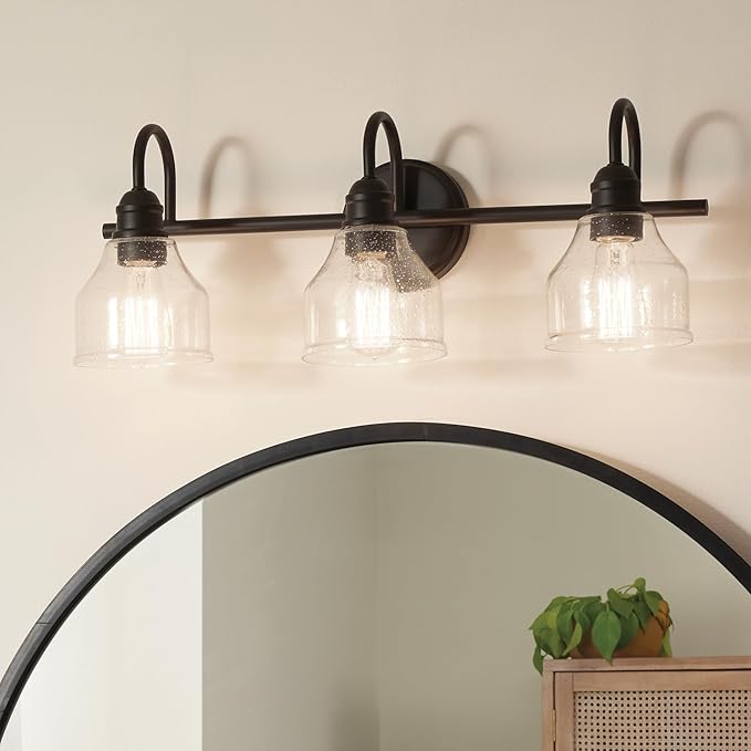Kichler Avery 24" Vanity Bath Light in Olde Bronze®, Vintage 3-Light Bathroom Wall Mount Fixtured with Clear Seeded Glass, (24" W x 9.25" H), 45973OZ