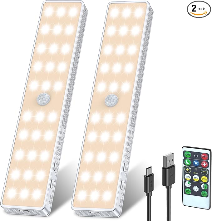 LED Closet Light, 30LEDs Dimmer USB Rechargeable Motion Sensor Light Under Cabinet Lighting with Remote Control, Wireless Stick-Anywhere Night Safe Light Bar for Wardrobe,Kitchen-2 Pcs, Warm