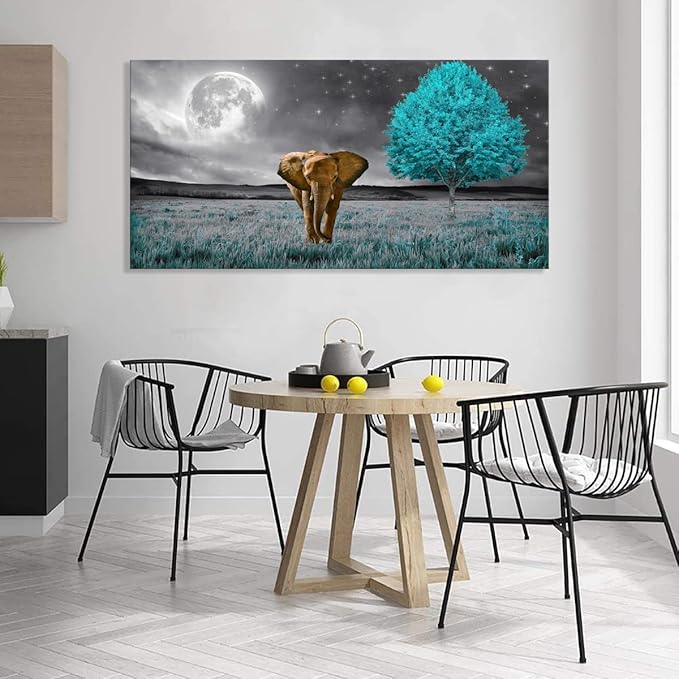 Canvas Wall Art Moon and Tree Picture Prints Paintings for Living Room Home Decor Black and White Background Animal Elephant Landscape for Bedroom Wall Decoration Natural Artwork 20x40Inches