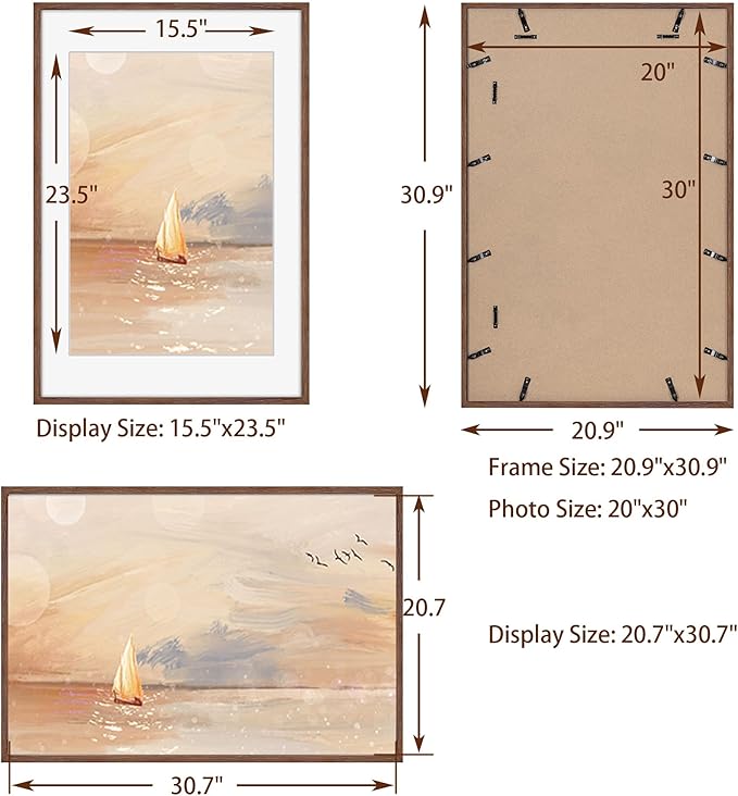 20x30 Picture Frame, Rustic Wood 20 x 30 Poster Frames for Wall, Oak Wood Picture Frames 20 by 30 with Real Glass, 20x30 Frame Matted for 16x24, Large Wooden Photo Frame 20x30 Inch, Walnut Color, 1 Pack