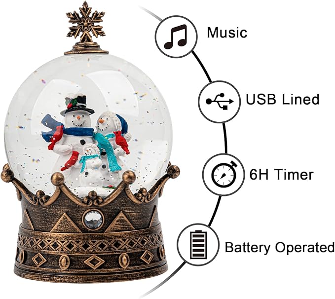 Snow Globe Lighted Christmas Decorations, Snowman Family Musical Crown Snow Globe Lantern with Swirling Glitter, Christmas Holiday Party Gifts and Decorations