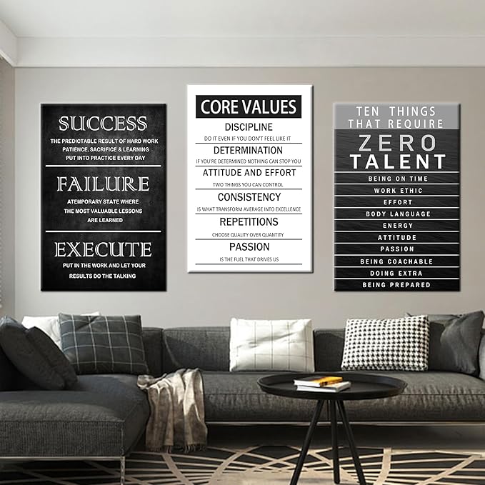 Office Inspirational Canvas Wall Art Core Values Quote Motivational Wall Decor Zero Talent Poster Picture Print 3 Panels Modern Inspiring Painting Artwork for Living Room Home Decor [72''Wx 36''H]