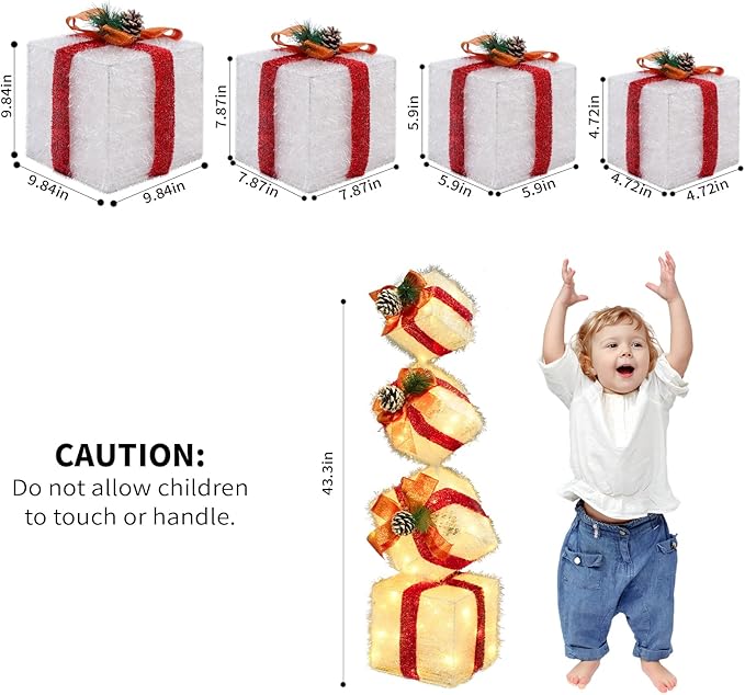 Christmas Lighted Gift Boxes Decorations Set of 4, 3.6Ft Stackable Christmas Nesting Boxes Battery Operated for Home and Party Decoration (10"-8"-6"-5", Red Bow)