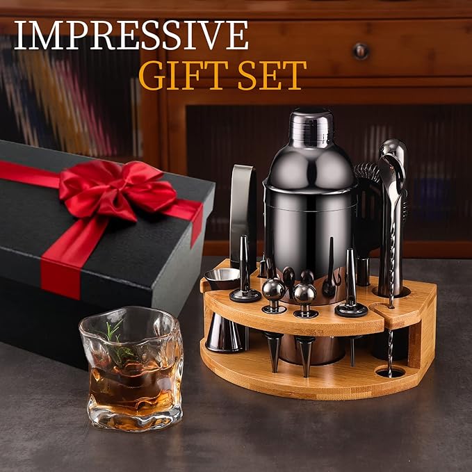 Bartender Kit with Bamboo Stand, 12 Piece 25oz Cocktail Shaker Set with All Essential Bar Tools Set for Drink Mixing, Ideal Gifts for Cocktail Lovers, Home Bar Bartending Kit with Cocktail Recipes