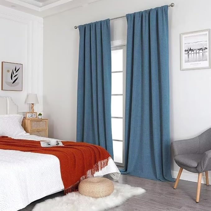 Joydeco Natural Linen Curtains 96 inch Length 2 Panels Set Burg 100% Blackout Patio Door Curtain Room Darkening Sliding Door Curtains Thermal Insulated Back tab Rod Pocket(105x96 inch, Sky Blue)