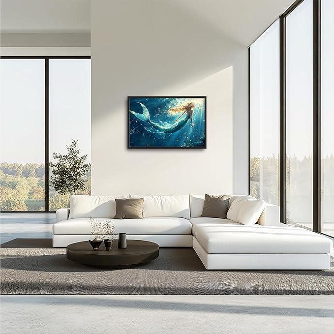 Framed Large Wall Art for Living Room, Beach Mermaid Canvas Wall Decor, Large Ocean Picture Framed Painting, Modern Artwork for Bedroom Office 36L'' × 24W''