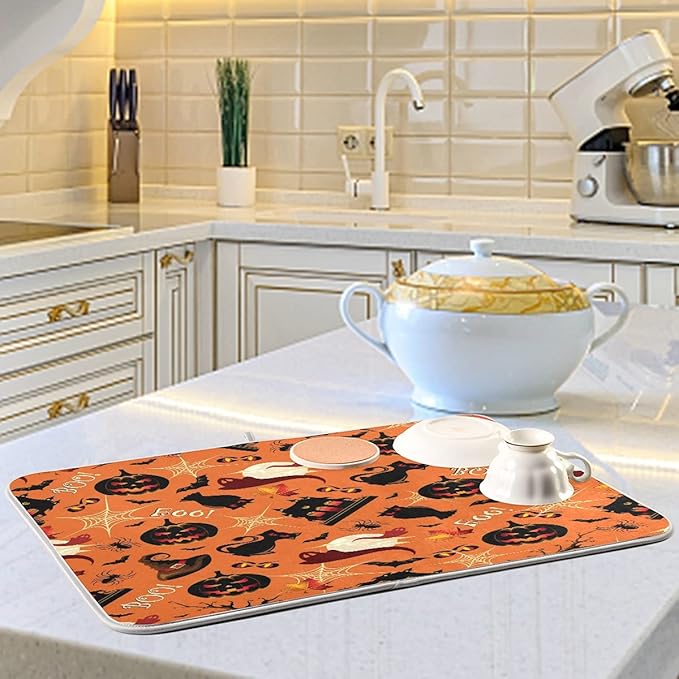 Happy Halloween Pumpkins Spooky Dish Drying Mat for Kitchen Counter 16 x 18 Inch Spider Web Cat Absorbent Microfiber Dry Dishes Mats Drainer Mat Dish Drying Pad for Countertops Decor