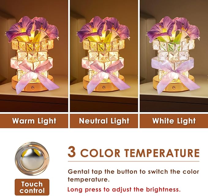 Purple Morning Glory Flower Table Lamp, Artificial Flowers Birthday Gifts for Women Mom Grandma Sister, Rechargeable Battery Powered Cordless Touch Crystal Night Light, Kitchen Bedroom Office Decor