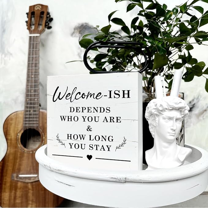 Funny Welcome Decor, Welcome-ish Depends Who You Are Sign, Box Sign Tabletop Decor, Farmhouse Welcome Wood Sign, Welcome Decor for Shelf, Front Door Decor, Porch Decor, Housewarming Decor
