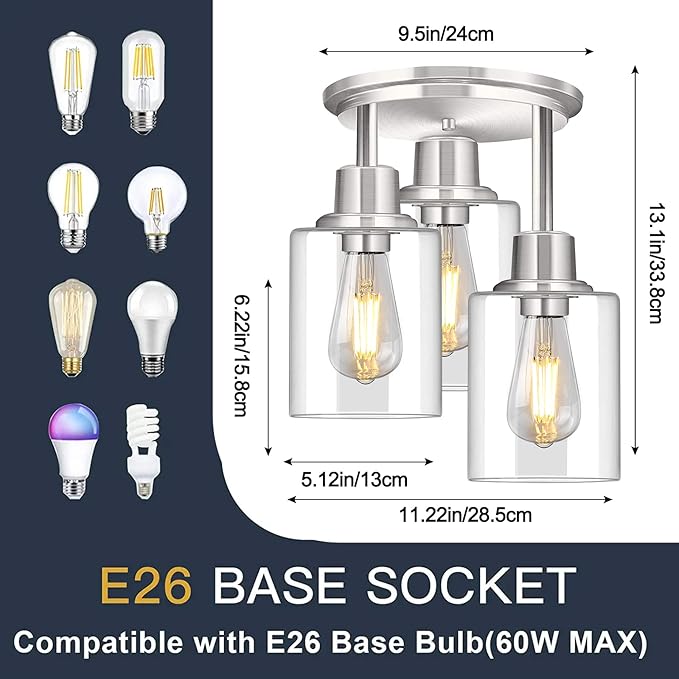 ROTTOGOON Semi Flush Mount Ceiling Light, 3 Light Close to Ceiling Light Fixtures, Brushed Nickel Finish Kitchen Light Fixtures with Clear Glass Shades, Modern Hallway Lights Fixtures Ceiling Mount