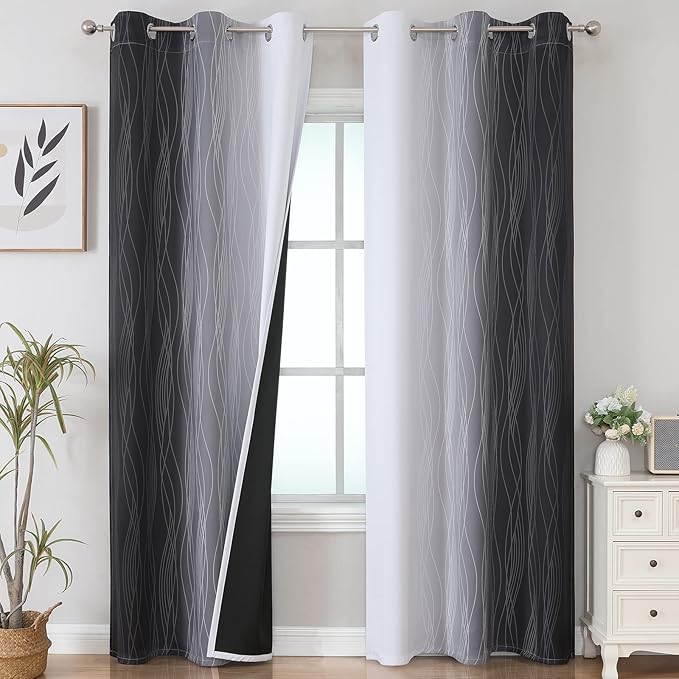 Estelar Textiler Thermal Insulated Blackout Curtains for Living Room, Ombre Black and Greyish White Blackout Drapes, Gradient Full Light Blocking Energy Saving Curtains for Bedroom, 42Wx84L, 2 Panels