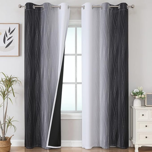 Estelar Textiler Thermal Insulated Blackout Curtains for Living Room, Ombre Black and Greyish White Blackout Drapes, Gradient Full Light Blocking Energy Saving Curtains for Bedroom, 42Wx84L, 2 Panels