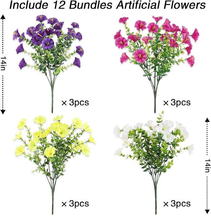 12PCS Artificial Flowers for Outdoor Decorations, Realistic Faux Silk Petunia Flowers for Outside, Fake Plants Morning Glory with Eucalyptus Porch Patio Planters Window Boxes Decor