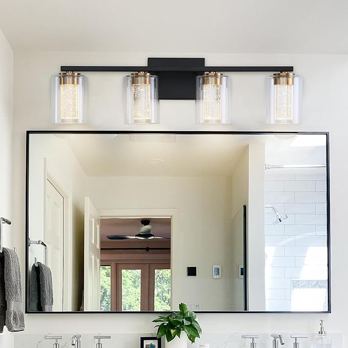 4-Light Black Bathroom Light Fixture, Dimmable 5CCT Black and Gold Bathroom Vanity Lights, 2700K-6500K Modern Crystal Bubble LED Wall Sconce Over Mirror with Clear Glass