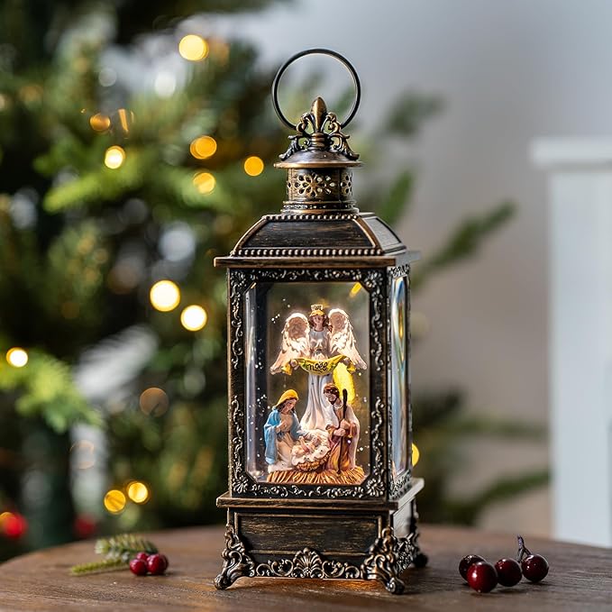 Christmas Snow Globe Swirling Glittering Angel & Nativity Scene with Music, USB Lined/Battery Operated Lighted Water Lantern for Christmas Festival Decoration Gifts