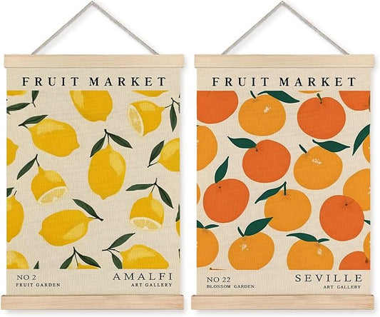 Yomisex Fruit Market Lemon and Orange Wall Art Poster, Vintage Botanical Citrus Fruits Canvas Prints Wall Art Framed for Home Kitchen Dining Room Decor, 12x16 Inch Set of 2
