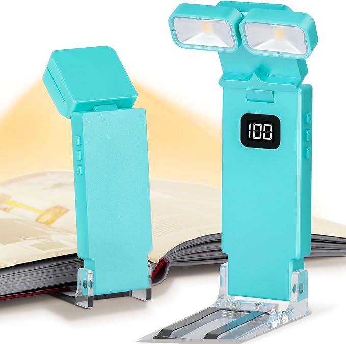 Dott Arts Book Light,Dual-Heads Reading Light for Bedtime with Screen Display.Rechargeable Ultralight Clip on LED Bookmark Lamp with 5 Color,6 Brightness Levels,1000mAh,Timer Function.Cyan