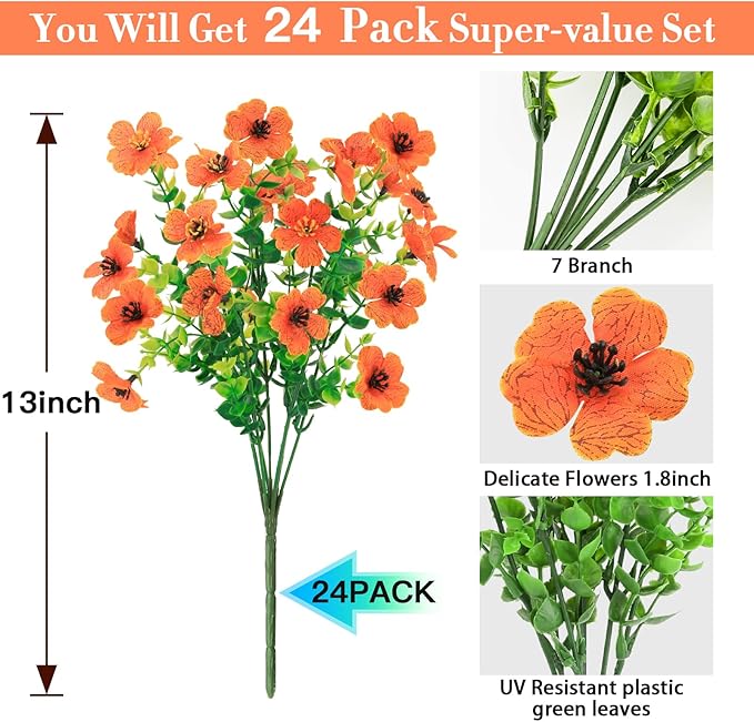 24 Bundles Fall Flowers Artificial for Decoration Outdoors, Fake Plants Autumn, Mums Daisy Eucalyptus Realistic UV Resistant for Garden Patio Porch Home Decor, Orange