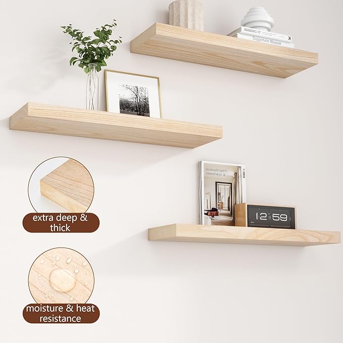 fuqing Natural Wood Floating Shelves for Wall - 24 Inch Wood Shelves Set of 2 - Natural Wooden Wall Shelves for Living Room Bedroom Home Office