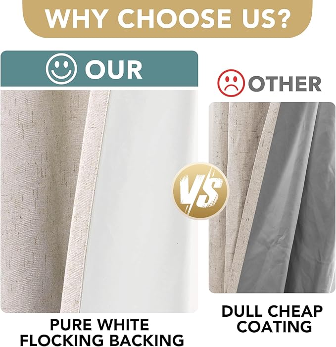 H.VERSAILTEX 100% Blackout Curtains for Bedroom 84 Inches Long Grommet Linen Face Full Light Blocking Curtain Drapes for Living Room Thermal Linen Look Curtains 2 Panels Set, 52" W x 84" L, Natural