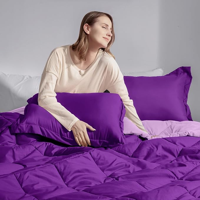 Basic Beyond Queen Comforter Set - Reversible Purple/Lilac Comforter (88"x92") and 2 Pillow Shams (20"x26"+2") for All Seasons