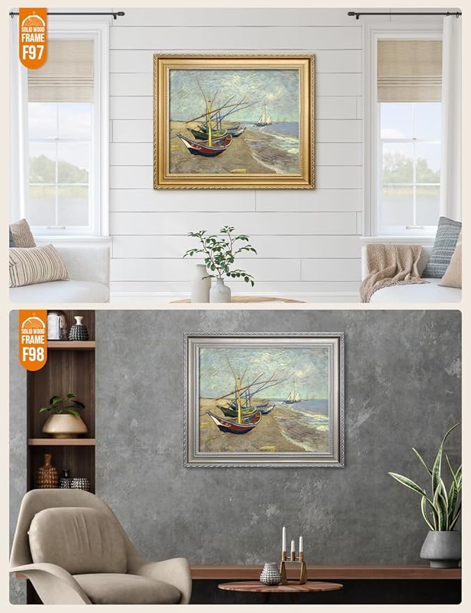 DECORARTS - Boats At Saintes Maire - Vincent Van Gogh Giclee Prints w/Antique Brown Frame for Wall Decor. Picture Size: 20x16, Total Size w/Frame: 23x19