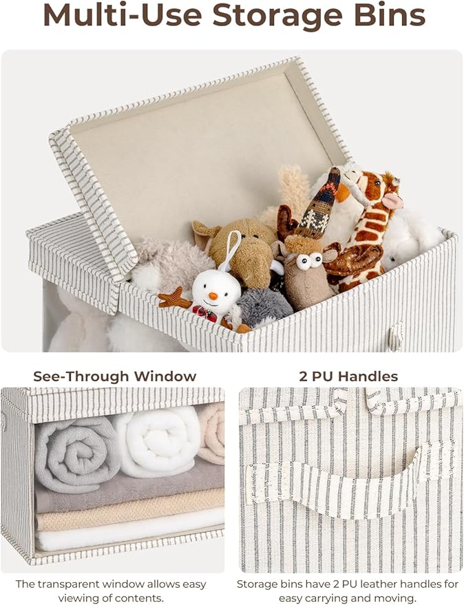 StorageWorks Storage Bins with Lid and Clear Window, Fabric Storage Boxes with Lids, Stackable Basket for Shelves, Closet Organizer and Storage Bins, Gray and White Stripes, Jumbo, 4-Pack