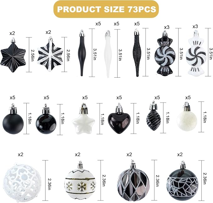 73 Pcs Christmas Ball Ornaments, Tree Decoration Set Christmas Ball Shatterproof Hanging Ornament Decorations for Christmas Tree (Black)