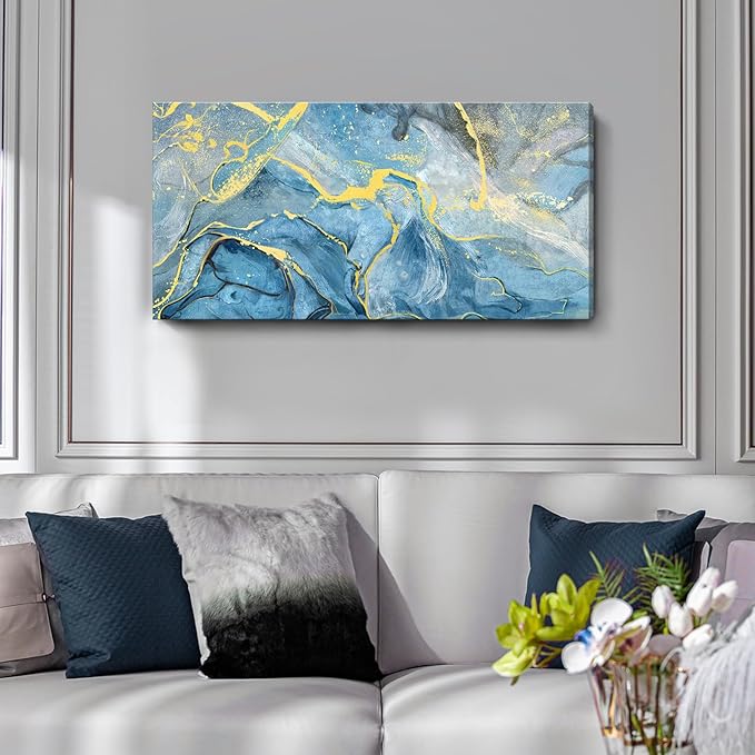 Canvas Wall Art Abstract Seascape Painting Blue Ocean Beach Theme Print Black and Yellow Fluid Texture Coastal Picture Sea Wave Natural Landscape Modern Artwork for Home Bedroom 20x40inch