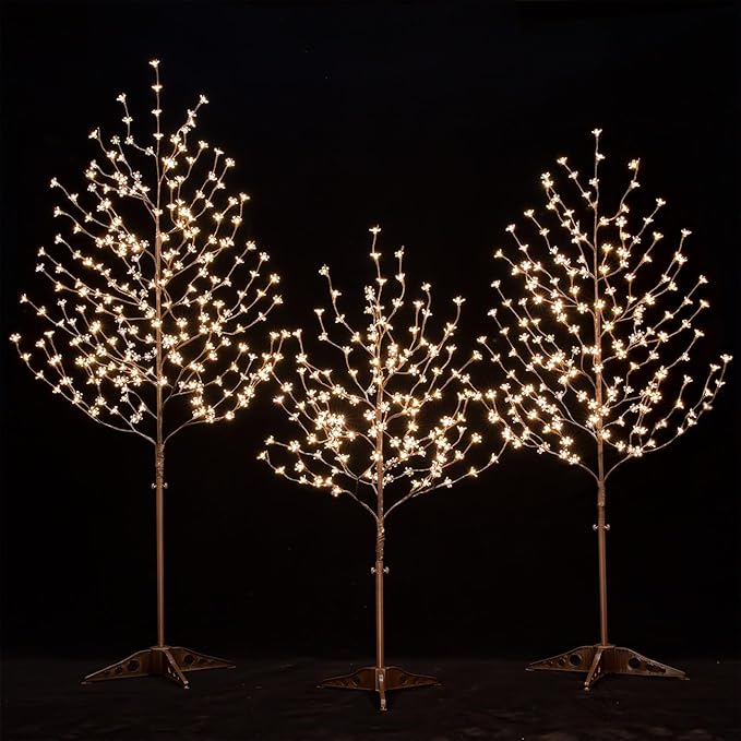 Lighted Cherry Blossom Tree Set 4ft, 5ft and 6ft with 144/184/240 Warm White LED Lights for Holiday Decor - Dimmable, UL Certified, Waterproof - Ideal for Indoor and Outdoor Decoration