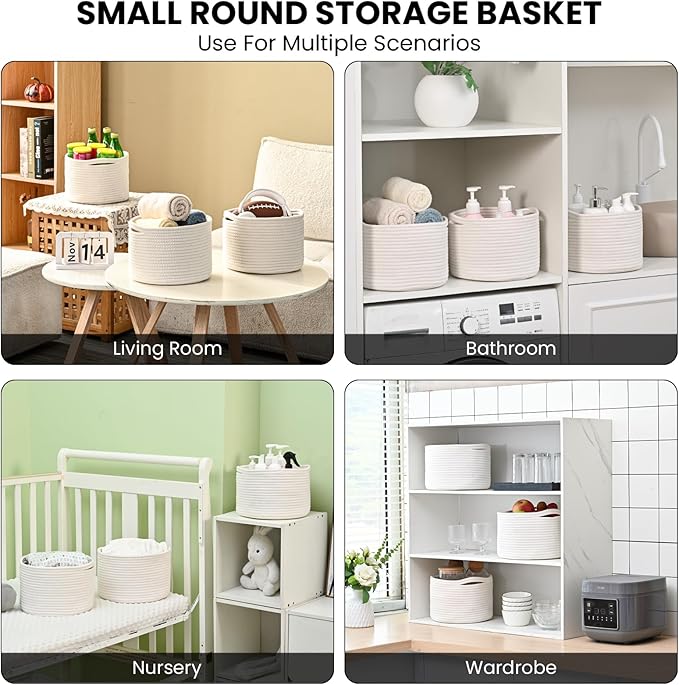 Small Storage Baskets for Organizing, Organizer Baskets for Shelves, Woven Basket for Storage, Cute Basket for Gifts Empty, Cotton Rope Baskets, 9.7"×9.7"×7" (3 Packs) Off White