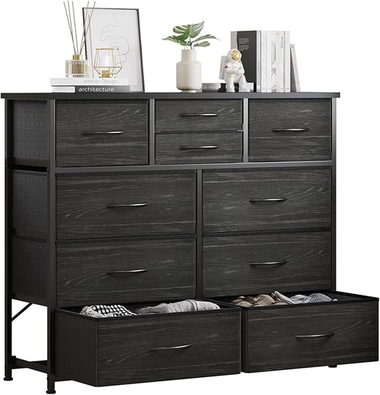 LUMTOK 10-Drawer Dresser, Fabric Dressers Drawers for Bedroom, Hallway, Nursery, Closets, Steel Frame, Wood Top, Easy Pull Handle (Black Wood Veins)