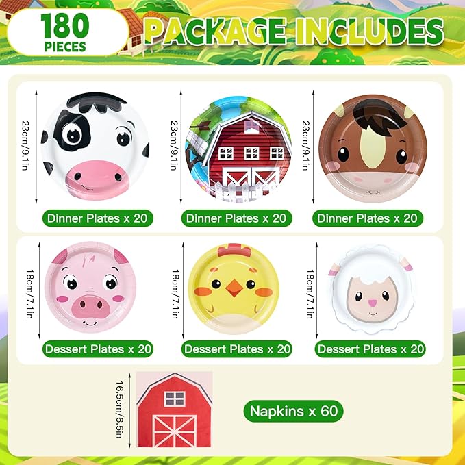 180Pcs Farm Animals Party Supplies Paper Plates and Napkins Serve 60 Disposable Tableware Set for Birthday Party Decorations Game Day Family School Holiday Sports Events