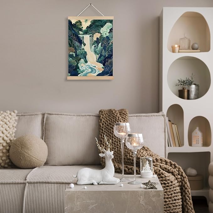 FITIE Green Abstract Japanese Waterfall Forest Scenic Canvas Wall Art Poster, Watercolor Blue Green Nature Landscape Wall Decor Prints for Japanese Home Bedroom Living Room, 12x16 Inches