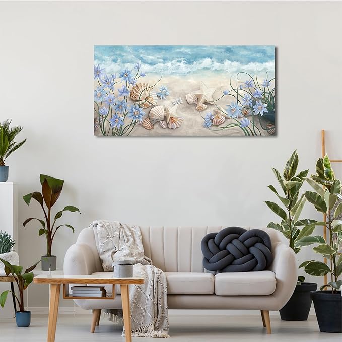 NINEASO Sea Beach Wall Art - Ocean Decor Coastal Scene Canvas Pictures Starfish Shells Seaside Painting Print Blue White Flowers Artwork for Living Room Bedroom Home Office 20" x 40"