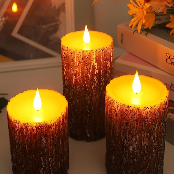 Pine Bark Effect Flameless Candles Battery Operated Pillar Real Wax Flickering Electric LED Candle Sets with Remote Control Cycling 24 Hours Timer, 3" x 4" 5" 6" Pack of 3