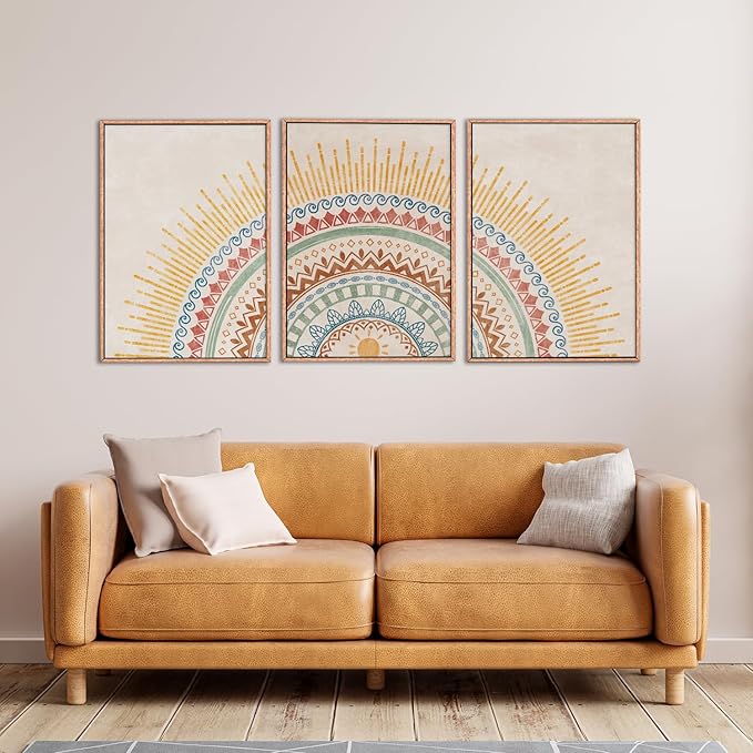 HPINUB Boho Sun Framed Canvas Wall Art Set, Mid-Century Modern Wall Decor, Minimalism Bohemian Wall Painting, Abstract Geometric Pattern Art Print for Living Room, Bedroom, Office - 24"x36"x3