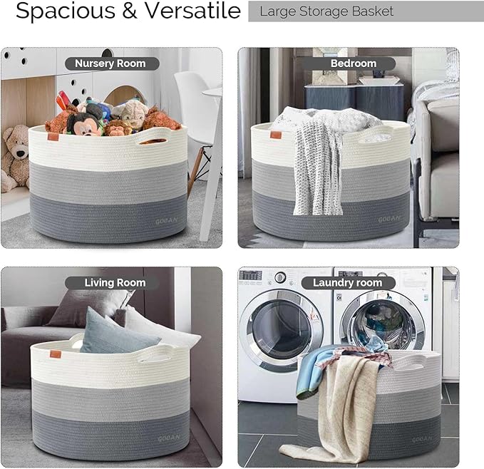 Laundry Basket Cotton Rope Woven for Blankets Storage Basket with Handles for Living Room (Mixed Grey)