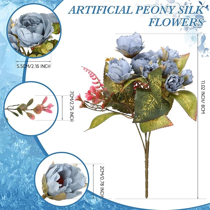 Geosar 8 Bundles Artificial Peonies Flowers Fake Silk Peony Bouquet Faux Peonies Flowers Bulk for Decoration Vase Florals Arrangements Wedding Party Table (Blue)