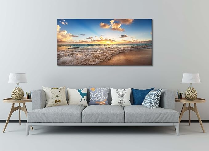 Large Beach Wall Art for Living Room Coastal Canvas Painting Decor - Sunrise Ocean Picture Nature Seascape Artwork Poster Print for Office Bedroom Decoration 20"x40"