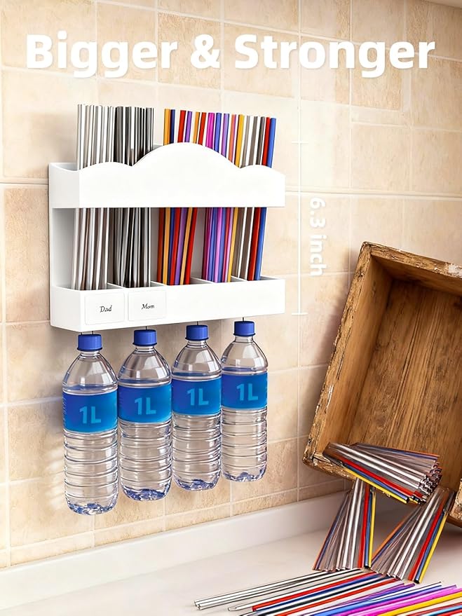 9.8" Acrylic Straw Holder for Cabinet Door - 5-Compartment Organizer with Ultra-Sticky Adhesive, Storage for Reusable Straws and Brushes, Kitchen & RV Essensials