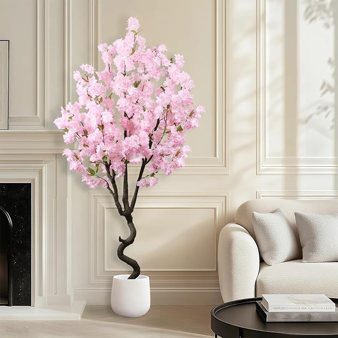 Faux Pink Cherry Blossom 5.5ft(67in) Tall Artificial Plant Indoor Decor Natural Realistic Fake Cherry Blossom Tree for Wedding Party Sakura Plant in Pot for Home Living Room,Office,Outdoor Decor