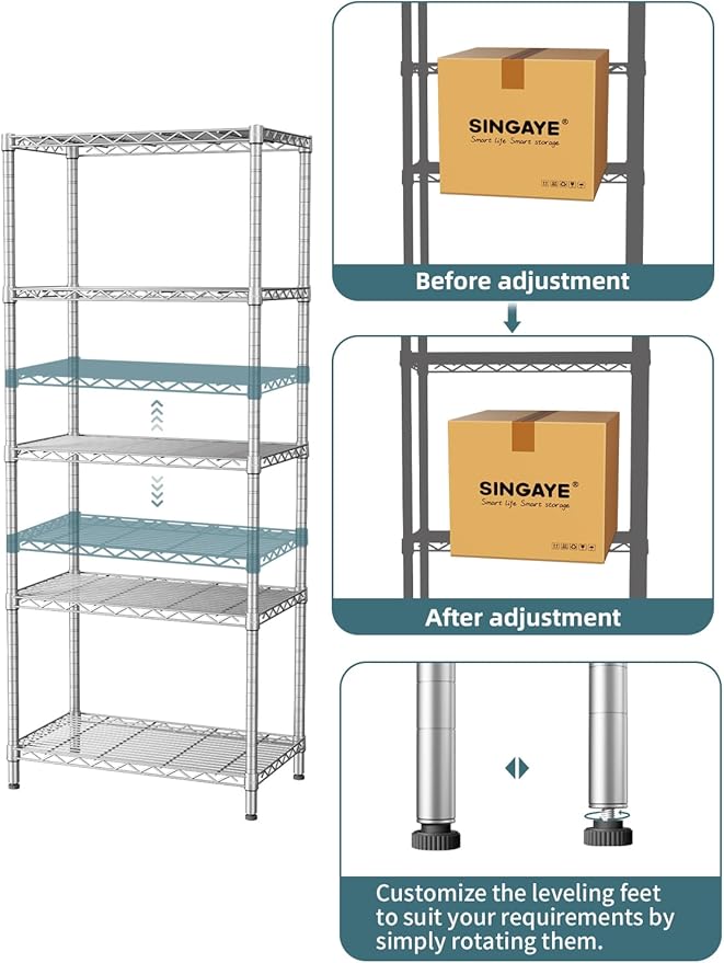 SINGAYE 5 Tier Storage Garage Shelving Units Heavy Duty Wire Shelves Pantry Metal for Pantry Closet Kitchen Laundry Bathroom Organizers Shelf Home Shorage Gray